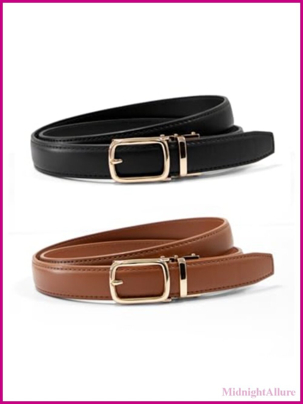 Skinny Ratchet Faux Leather Belts 2 Pack Adjustable Slim No-Holes Fit